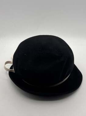 Vintage Sears Millinery Black 100% Wool Felt Cloche Hat with Ivory Leather Trim
